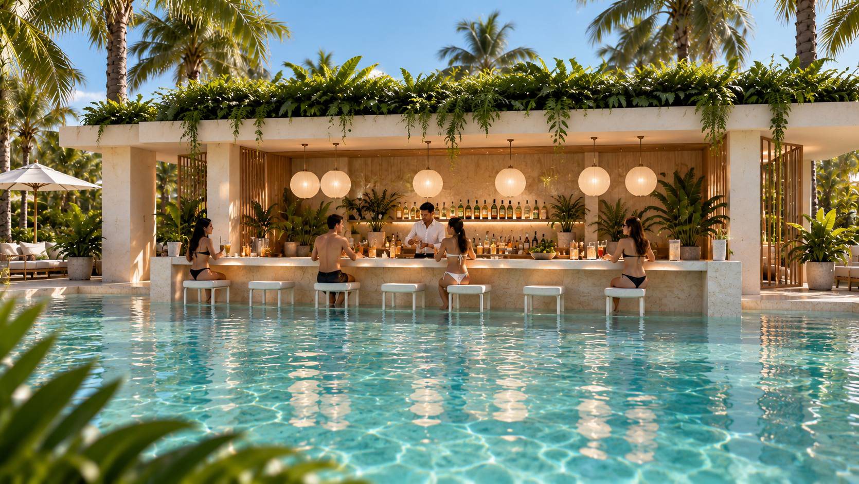 Pool bar integrado en el agua de la piscina