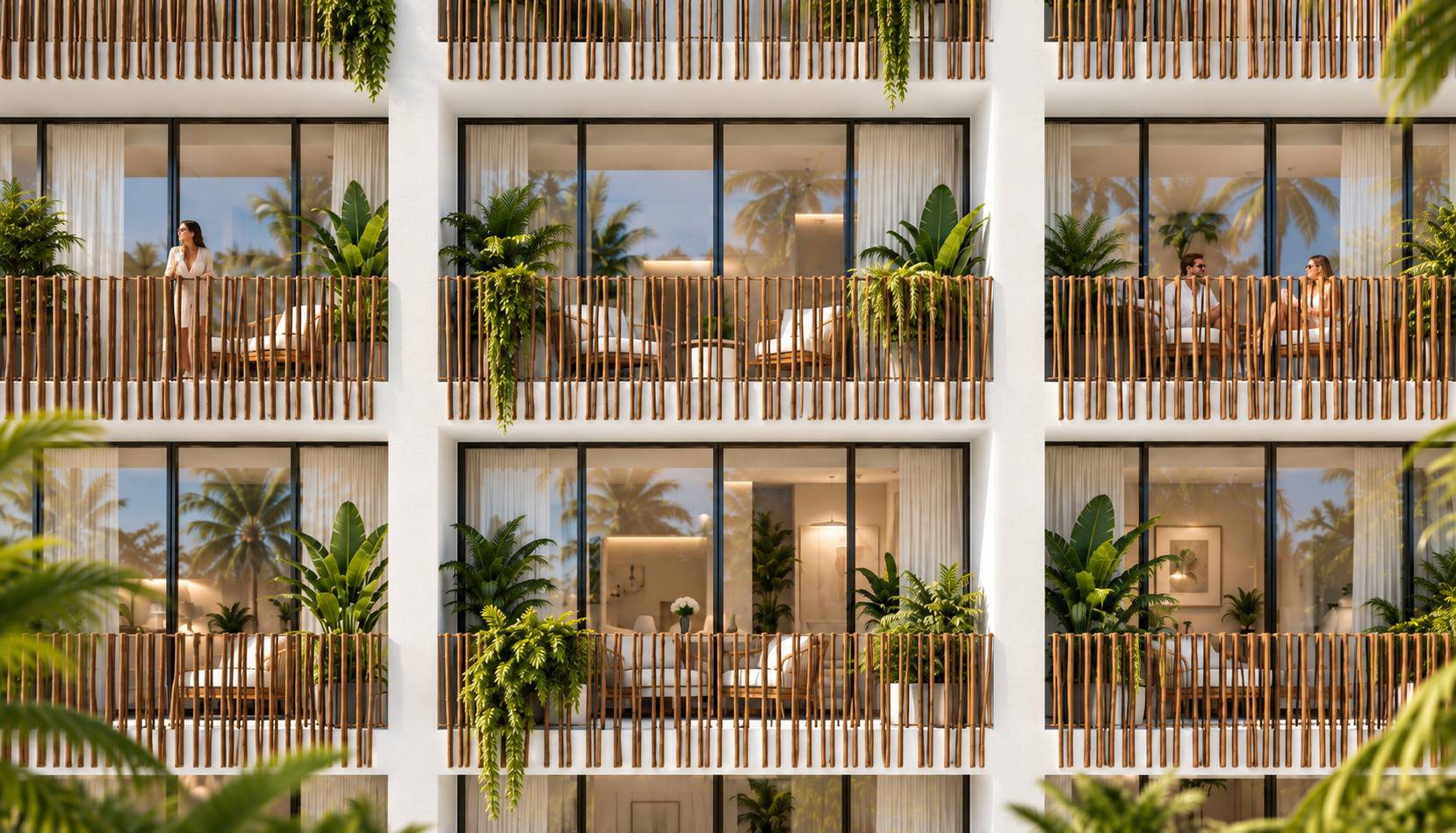 Fachada de las residencias con terrazas y barandillas de listones de madera