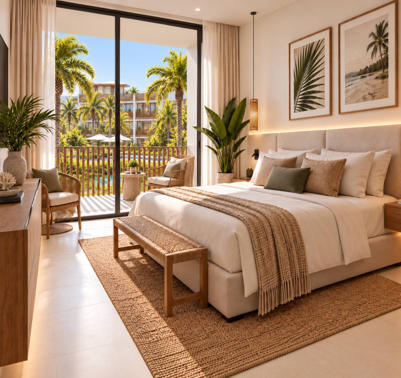 Dormitorio con tonos lino y madera y vistas al palmeral