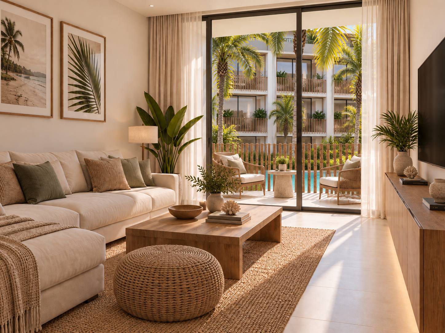 Salón de una residencia con cocina abierta y salida a terraza