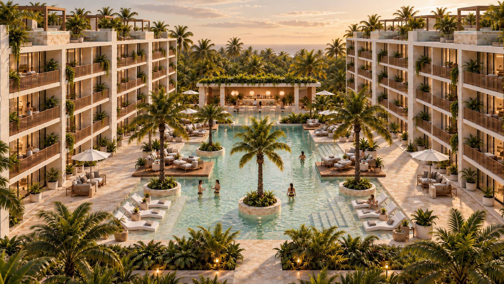 Vista aérea del masterplan: dos volúmenes residenciales abiertos a la gran piscina central al atardecer