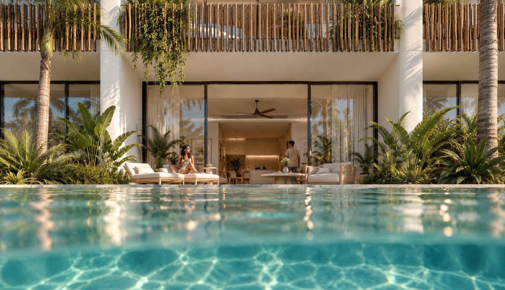 Residencias a pie de piscina con agua turquesa