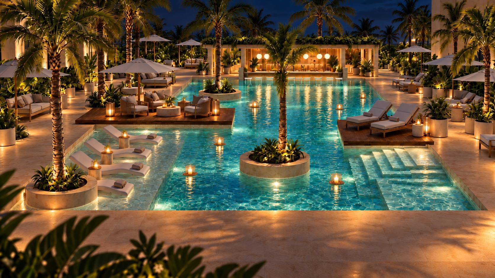 Piscina iluminada de noche con lounges y zonas de estar